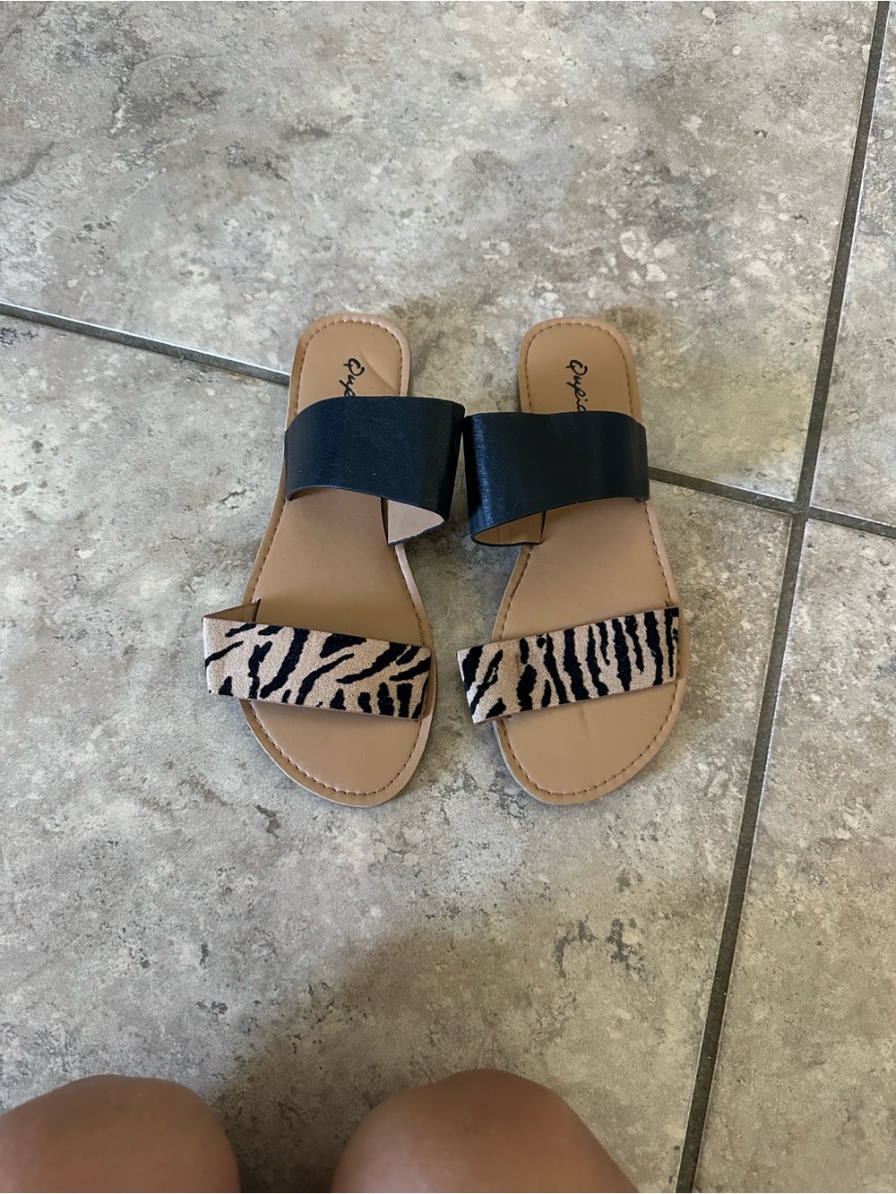 Qupid Black and Tan Zebra-Print Double Strap Slide Sandals